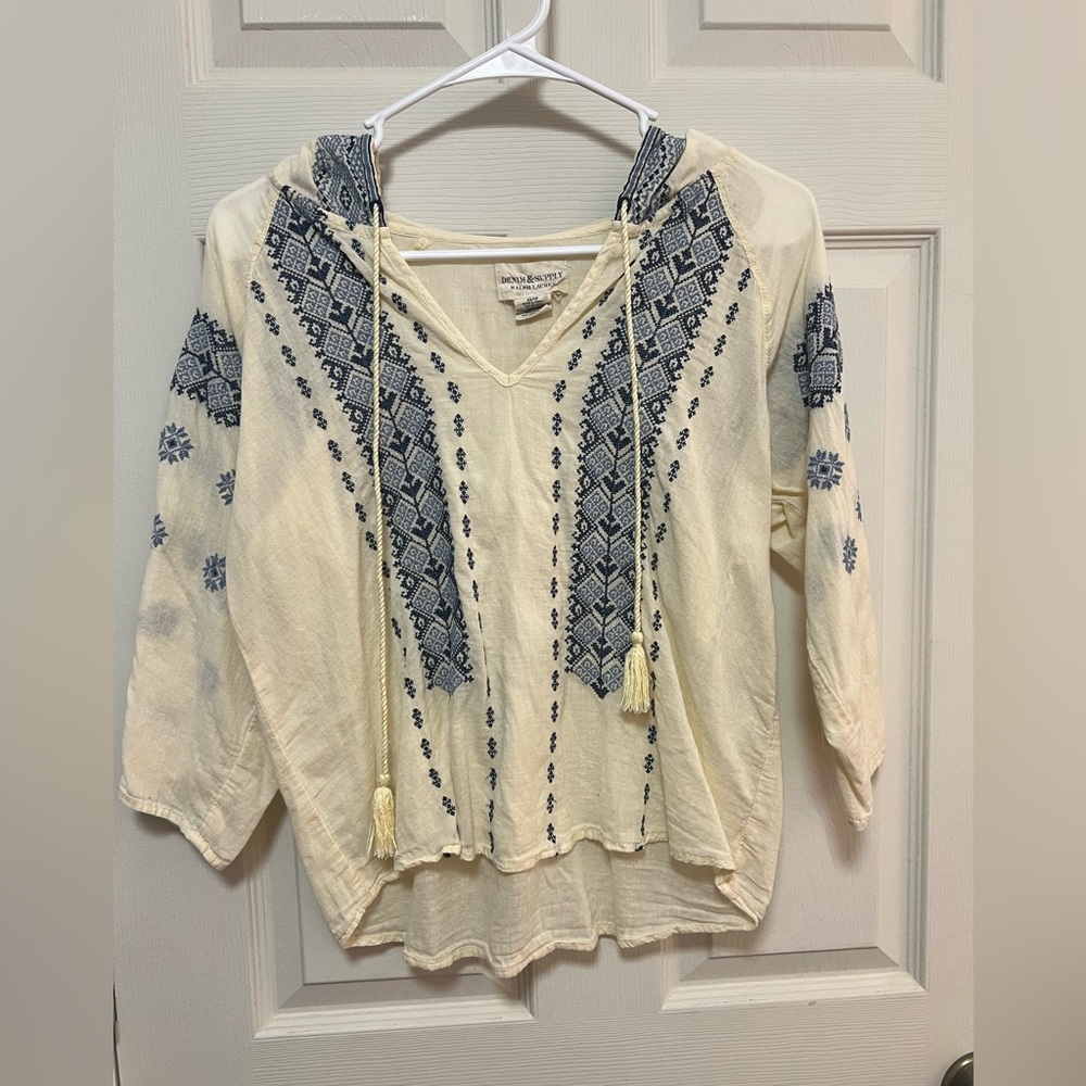 Denim & Supply Ralph Lauren Cream Peasant Top with Blue Embroidery